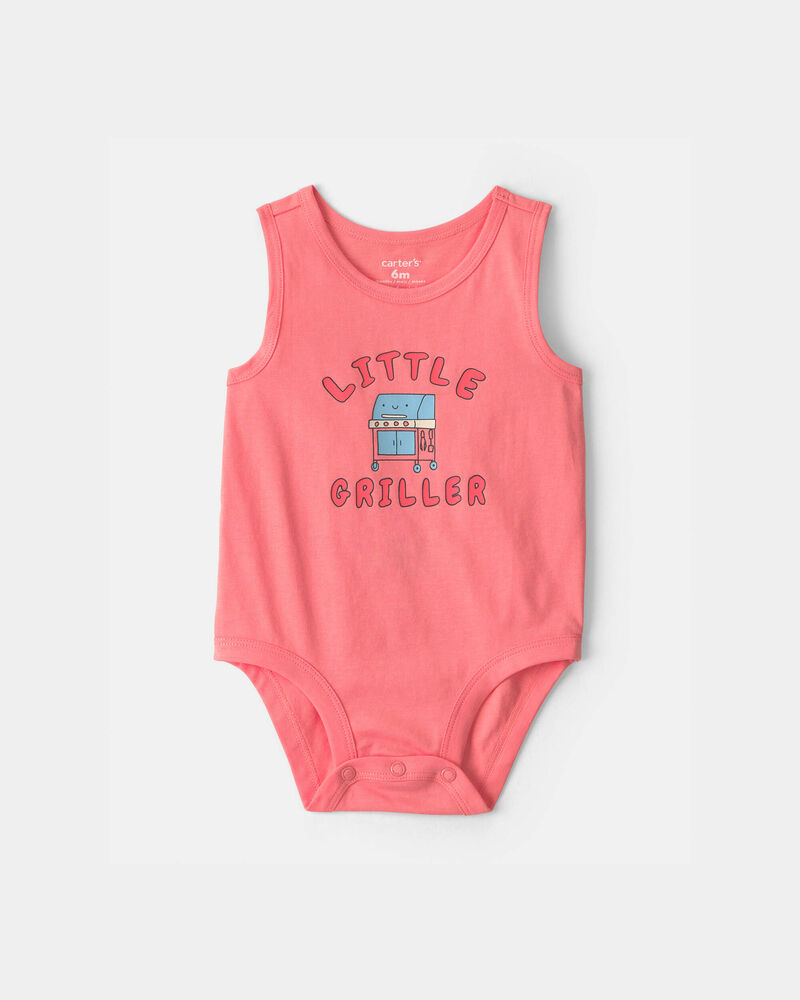Baby Boy 'Little Griller' Sleeveless Graphic Bodysuit - Coral, image 1 of 3 slides