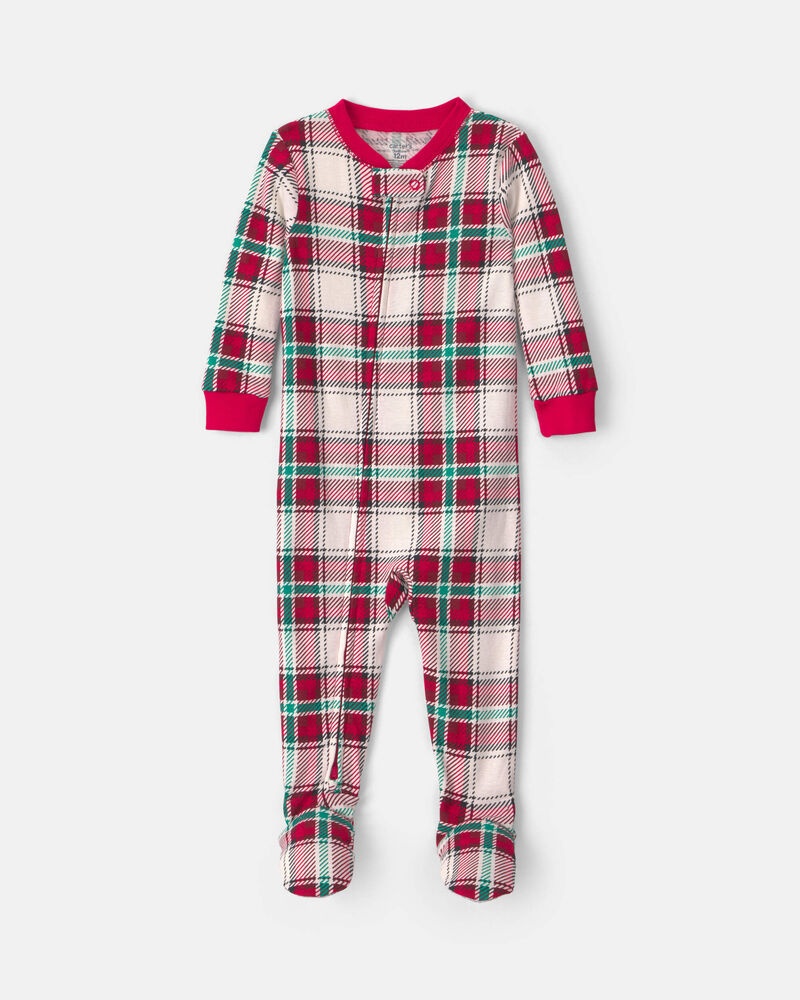 Baby 1-Piece Christmas Plaid 2-Way Zip 100% Cotton Snug Fit Footed Pyjama - Red/Green, image 1 of 5 slides