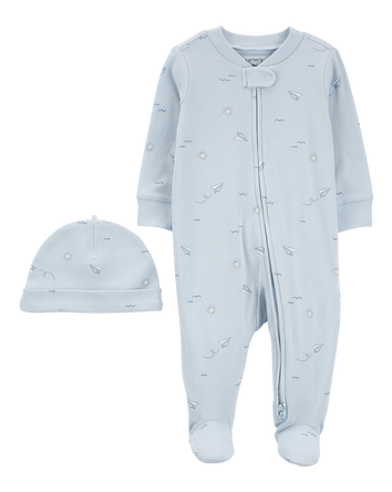 Baby Blue Airplane 2-Piece Sleeper and Cap Set, 
