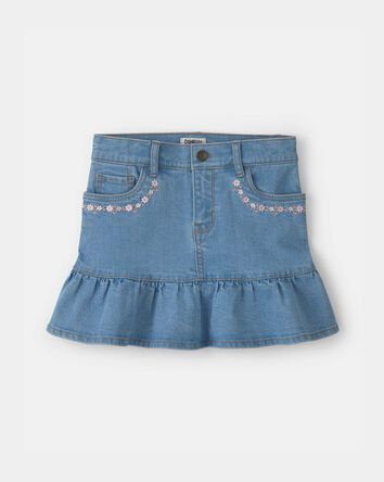 Girls Floral Denim Ruffle Skirt - Medium Wash, 
