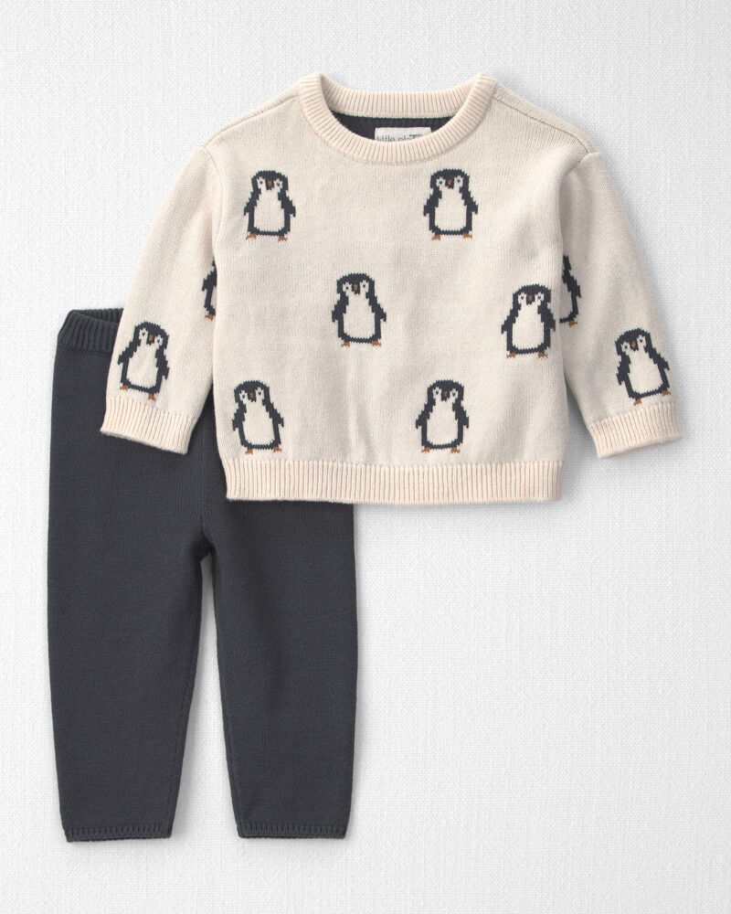 Baby 2-Piece Organic Cotton Sweater Knit Top & Pant Set in Penguins, image 1 of 4 slides
