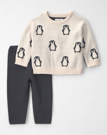 Baby 2-Piece Organic Cotton Sweater Knit Top & Pant Set in Penguins, 
