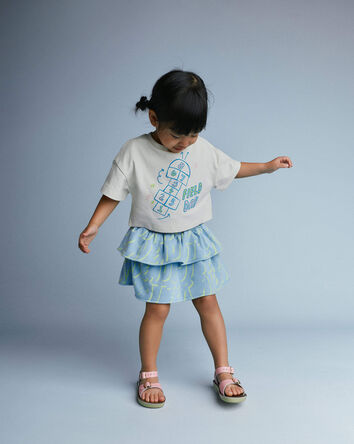 Toddler Girl Smocked Tiered Skirt in Otter Avenue Print - Blue/Lime Green, 