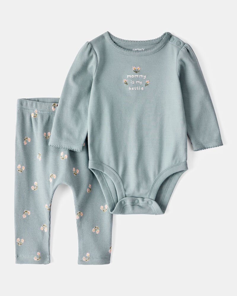 Baby 2-Piece "Mommy's Bestie" Bodysuit & Pants Set - Green, image 1 of 5 slides
