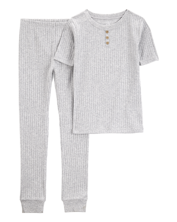 Kid Solid Ribbed Cotton Blend 2-Piece Pyjamas - Grey, 