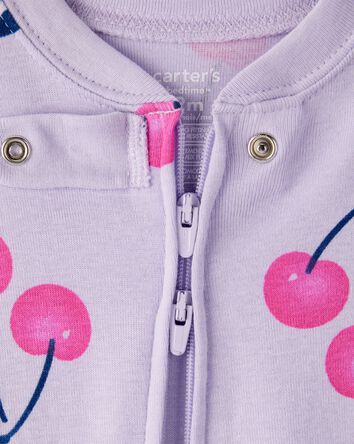 Baby Girl Cherry 100% Cotton Snug Fit 2-Way Zip Footie 1-Piece Pyjamass - Purple, 