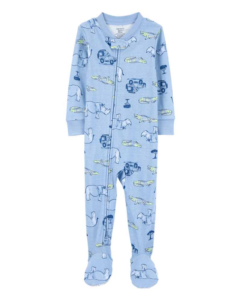 Baby Boy Safari Print Snug Fit Cotton Footie 1-Piece Pyjamas - Blue, image 1 of 4 slides