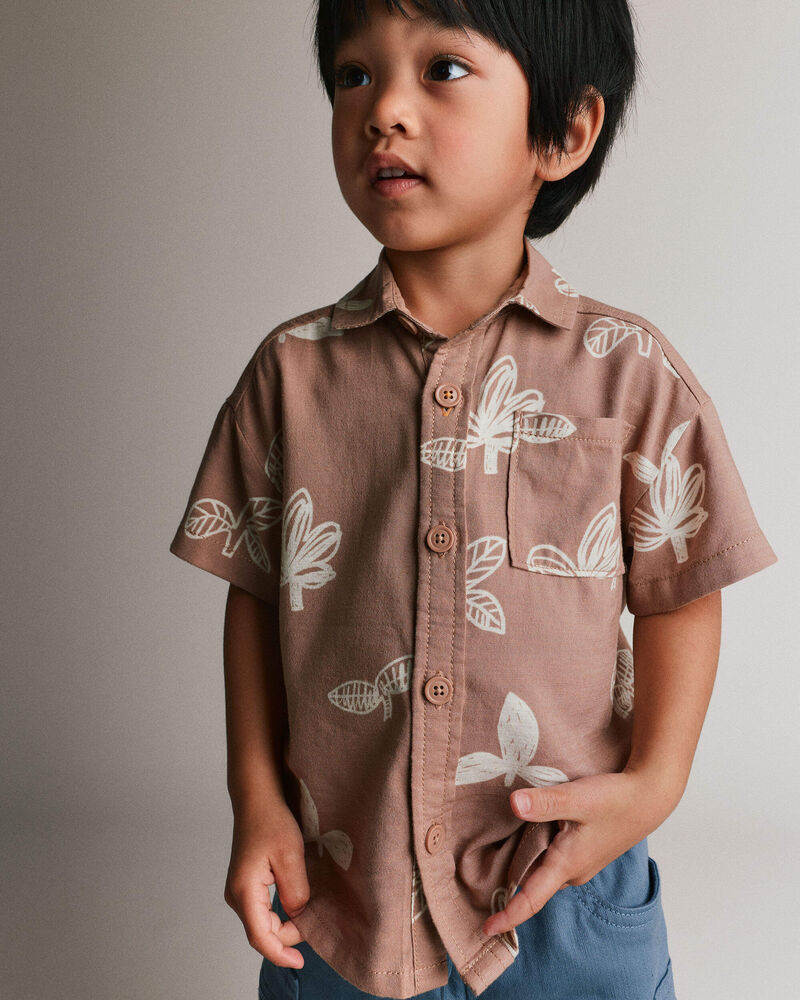 Toddler Boy Button-Down Short-Sleeve Shirt in Plant Print - Brown, image 1 of 5 slides