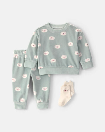 Baby Girl 3-Piece Bear Long-Sleeve Top & Pant Set - Green, 