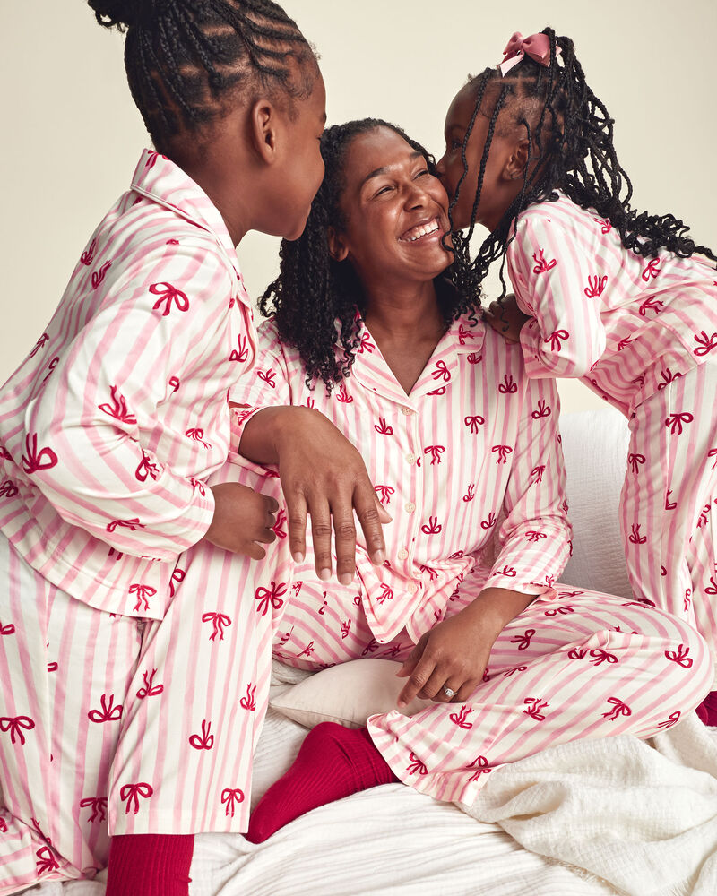 Girls Bow Print Relaxed Fit Pyjama Set - Pink, image 2 of 5 slides