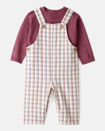 Baby Boy 2-Piece Plaid Overall Set - Maroon/Ivory, 