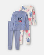 Baby Girl 4-Piece Monster 100% Cotton Snug Fit Pyjama Set - Blue/Cream, image 1 of 7 slides