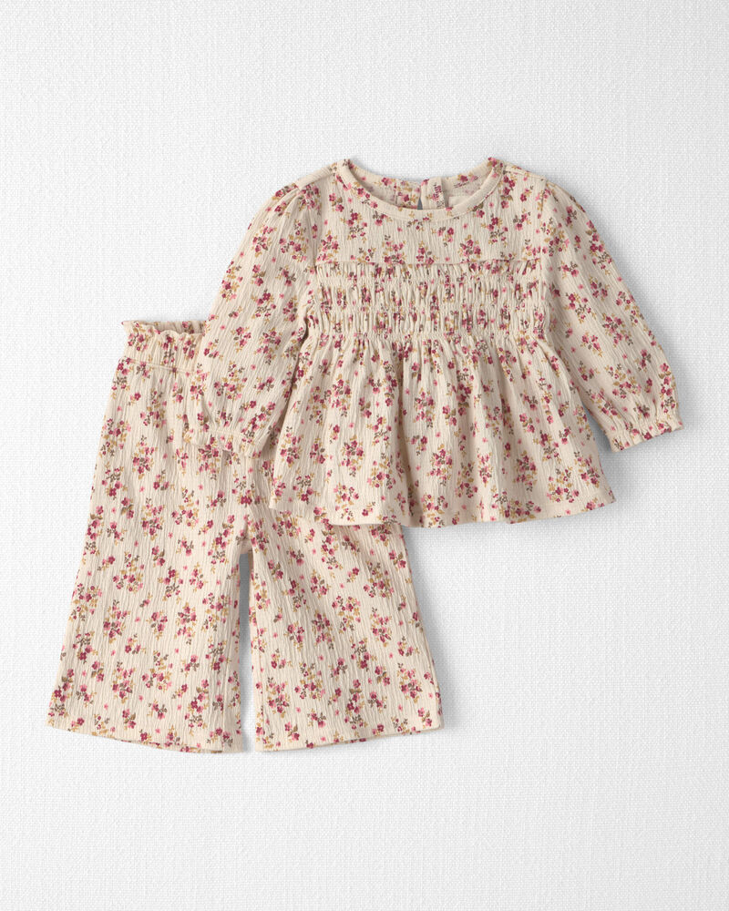 B&eacute;b&eacute; fille - Ensemble 2 pi&egrave;ces haut &agrave; smocks et pantalon en coton biologique, image 1 sur 4 diapositives