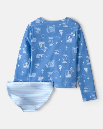 Girls 2-Piece Sailboat Long-Sleeve Rashguard Swimsuit Set - Blue, 