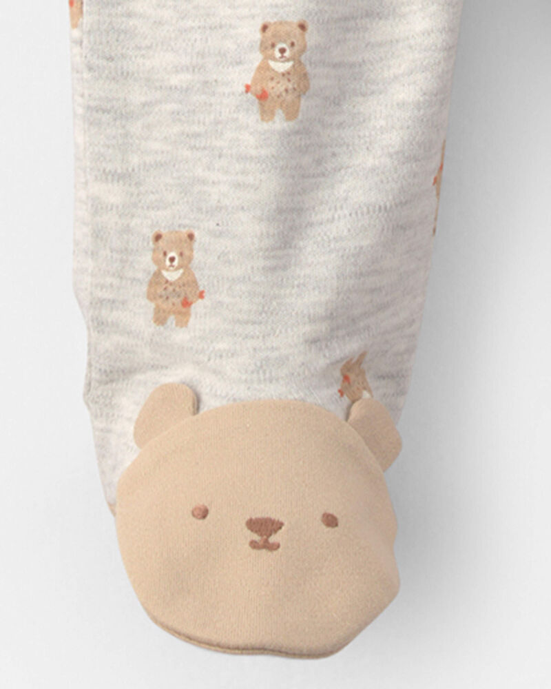 Baby Teddy Bear Cotton 2-Way Zip Sleeper - Grey, image 4 of 5 slides
