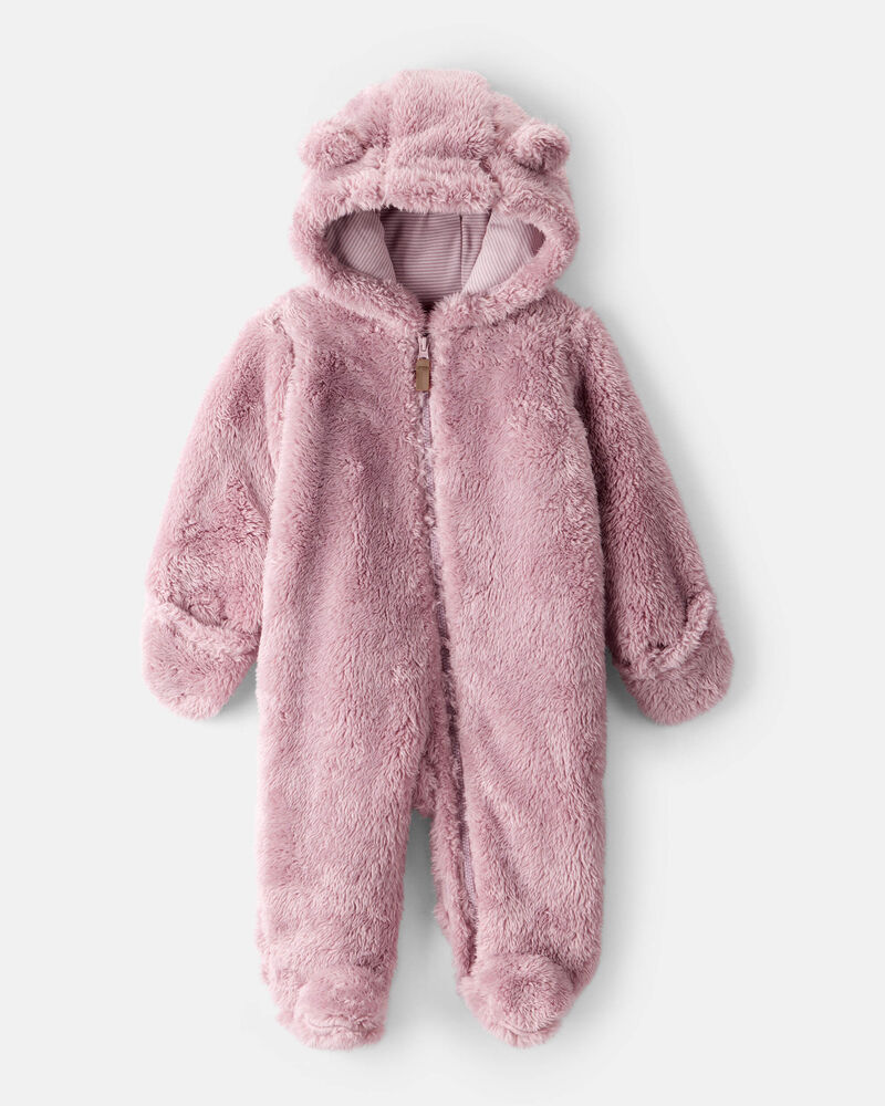 Baby Girl Sherpa Long-Sleeve Hooded Jumpsuit - Pink, image 1 of 4 slides