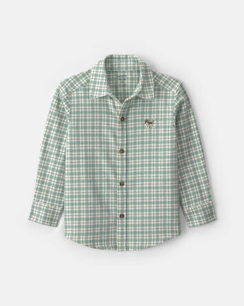 Toddler Boy Dog Plaid Flannel Button-Down Shirt - Green/White, 