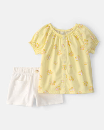 Tout-petit fille - Ensemble 2 pi&egrave;ces haut &agrave; coquillage et short - Jaune/Blanc, 