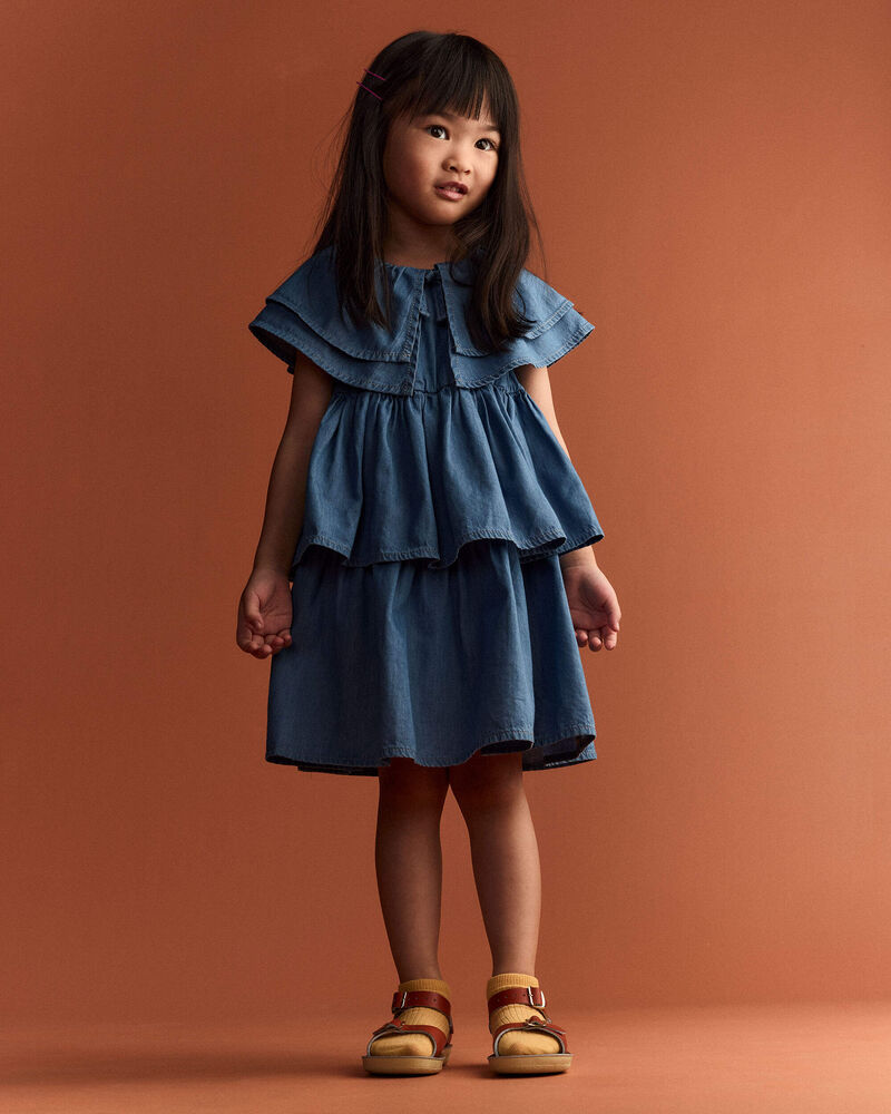 Toddler Girl Ruffle Tiered Dress in Chambray - Blue, image 1 of 6 slides
