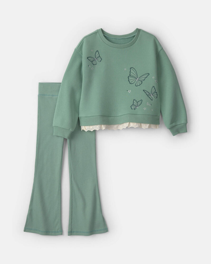 Filles - Ensemble 2 pi&egrave;ces haut manches longues &agrave; motif papillon et pantalon en molleton - Vert, image 1 sur 5 diapositives