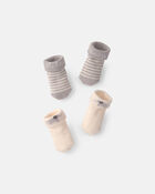 B&eacute;b&eacute; - Emballage 2 paires de chaussons rabattables &laquo;Hello Baby&raquo; - Gris/Ivoire, image 1 sur 2 diapositives