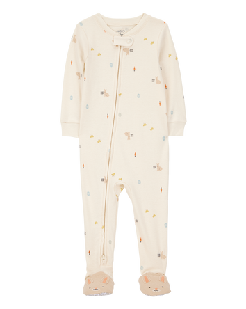 Baby Bunny Print Easter Snug Fit Cotton 1-Piece Pyjamas - Ivory, 