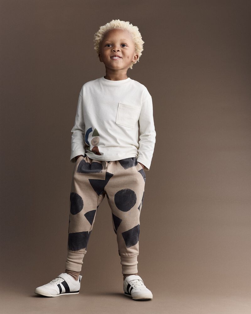 Toddler Long-Sleeve Pocket Relaxed Graphic Tee with Shapes - Cream, image 3 of 6 slides