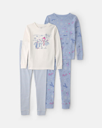 Girls Winter 100% Cotton Snug Fit 4-Piece Pyjama Set - Purple/White, 