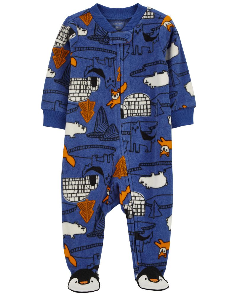 Blue Animal Print ZipUp Fleece Sleeper Pyjamas