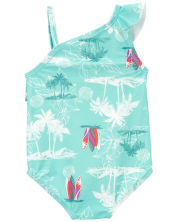 Beach Print Ruffle Swimsuit, 