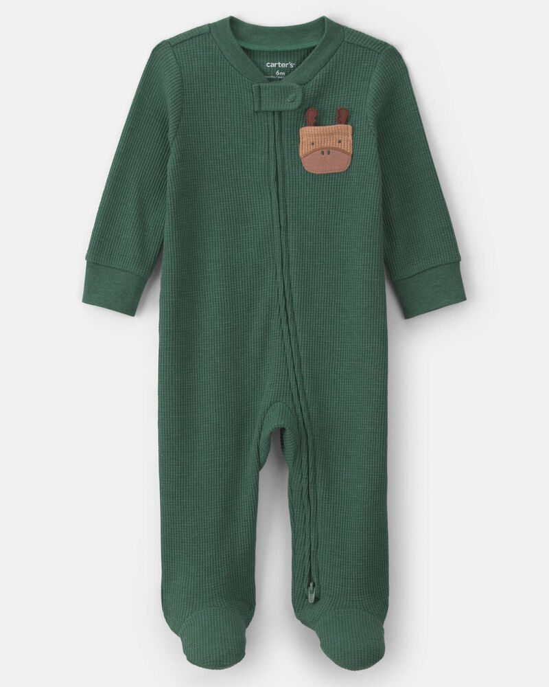 Baby Boy Moose Cotton 2-Way Zip Thermal Sleepers - Green, image 1 of 5 slides
