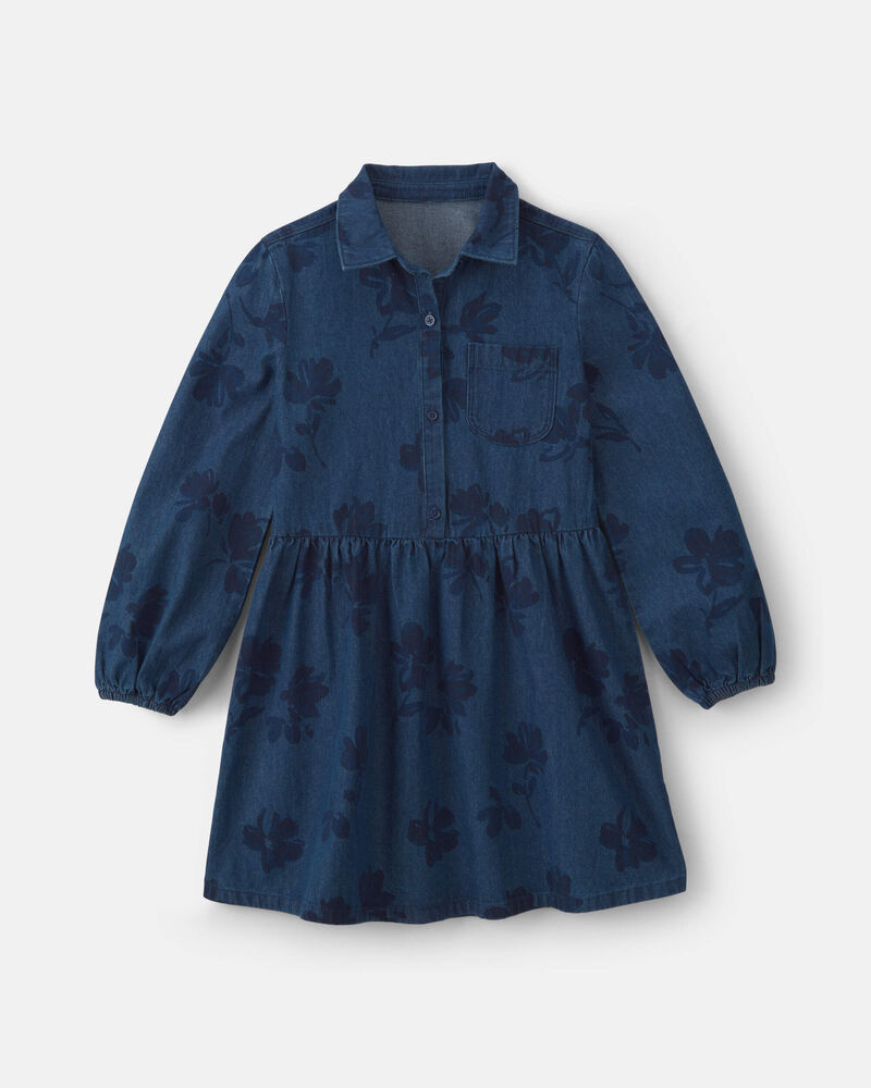 Girls Floral Denim Long-Sleeve Dress - Dark Wash, image 1 of 5 slides
