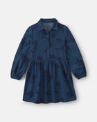 Girls Floral Denim Long-Sleeve Dress - Dark Wash, image 1 of 5 slides