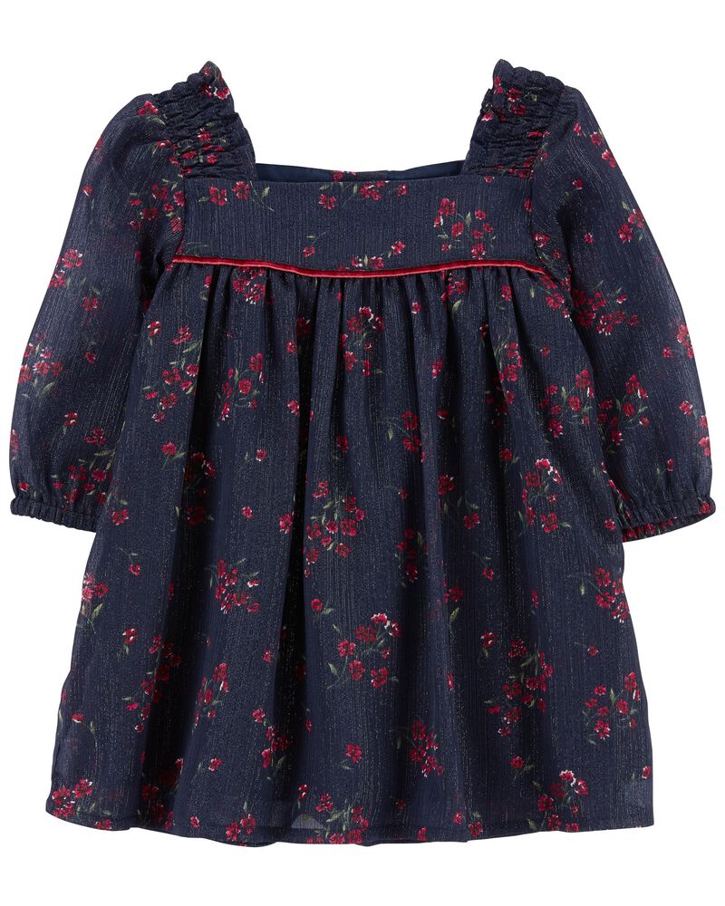 Metallic Navy Floral Print Chiffon Babydoll Dress