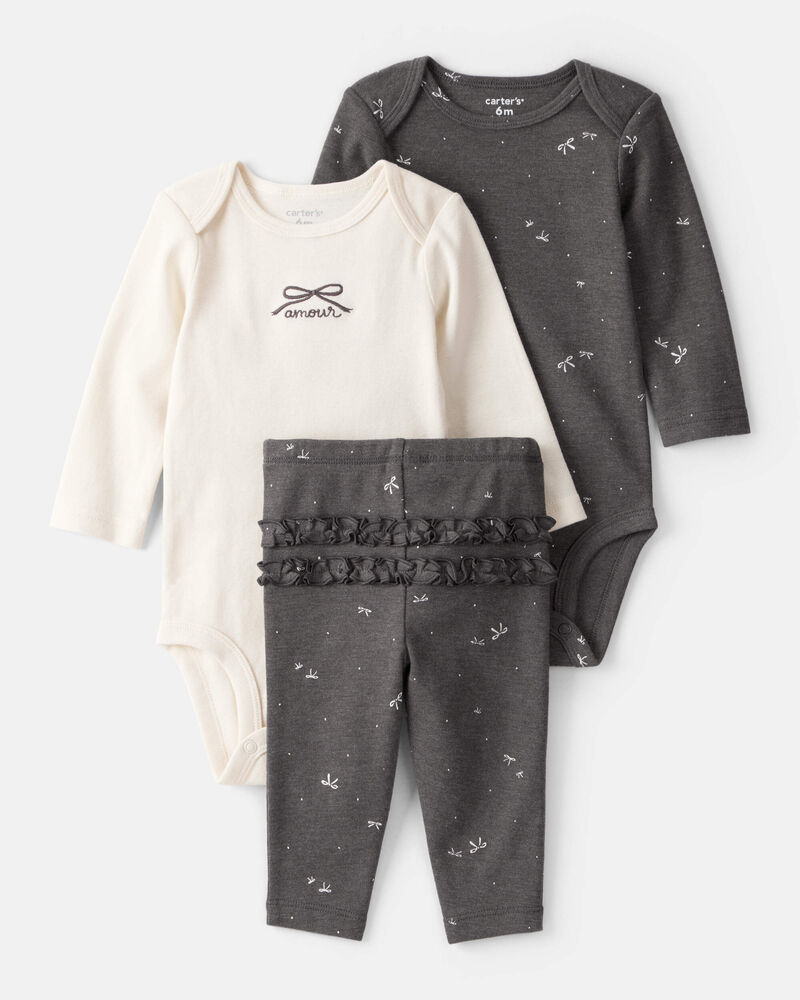 Baby Girl Bow Print Bodysuit & Pant Set - Grey, image 1 of 6 slides