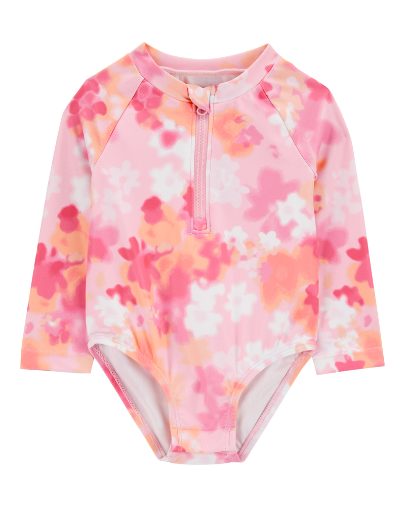 Baby 1-Piece Floral Print Long-Sleeve Rashguard Swimsuit - Pink, image 1 of 5 slides