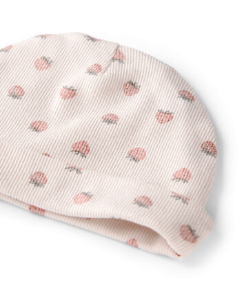 B&eacute;b&eacute; fille - Bonnet en coton biologique c&ocirc;tel&eacute;, fraise, 