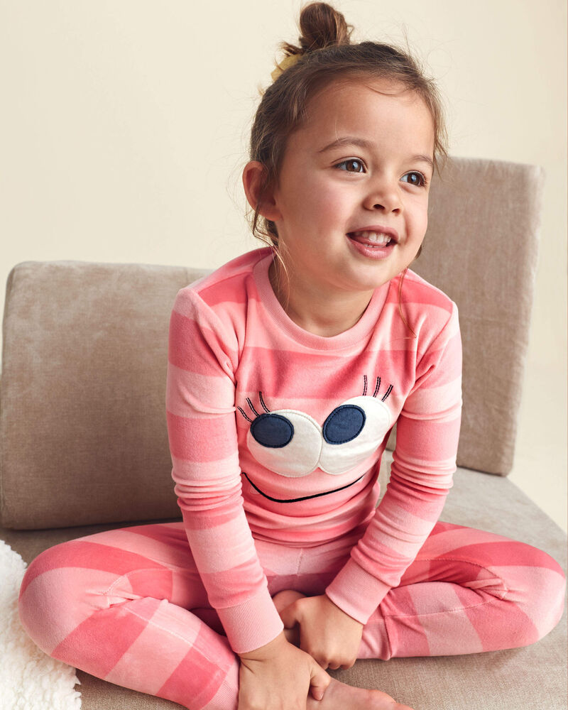 Toddler Girl 2-Piece Monster Striped DreamPlush Snug Fit Pyjama Set - Coral, image 3 of 6 slides