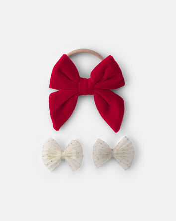 Baby Girl 2-Pack Christmas Bow Headwrap & Hair Clips - White/Red, 