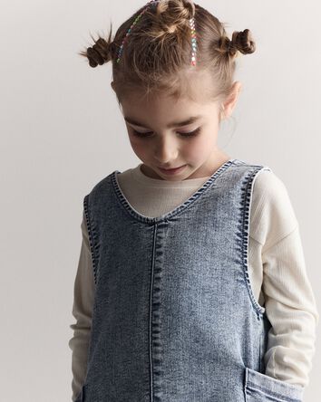 Toddler Girl Otter Pocket Denim Jumper in Avenue Wash - Blue, 