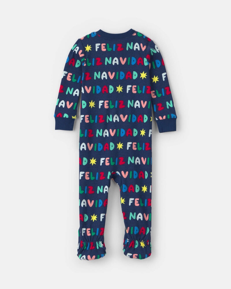 B&eacute;b&eacute; - Pyjama ajust&eacute; 1-pi&egrave;ce en 100 % coton avec pieds &agrave; imprim&eacute; &laquo;Feliz Navidad&raquo; de No&euml;l &ndash; Bleu marine, image 2 sur 4 diapositives