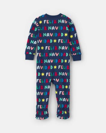 B&eacute;b&eacute; - Pyjama ajust&eacute; 1-pi&egrave;ce en 100 % coton avec pieds &agrave; imprim&eacute; &laquo;Feliz Navidad&raquo; de No&euml;l &ndash; Bleu marine, 