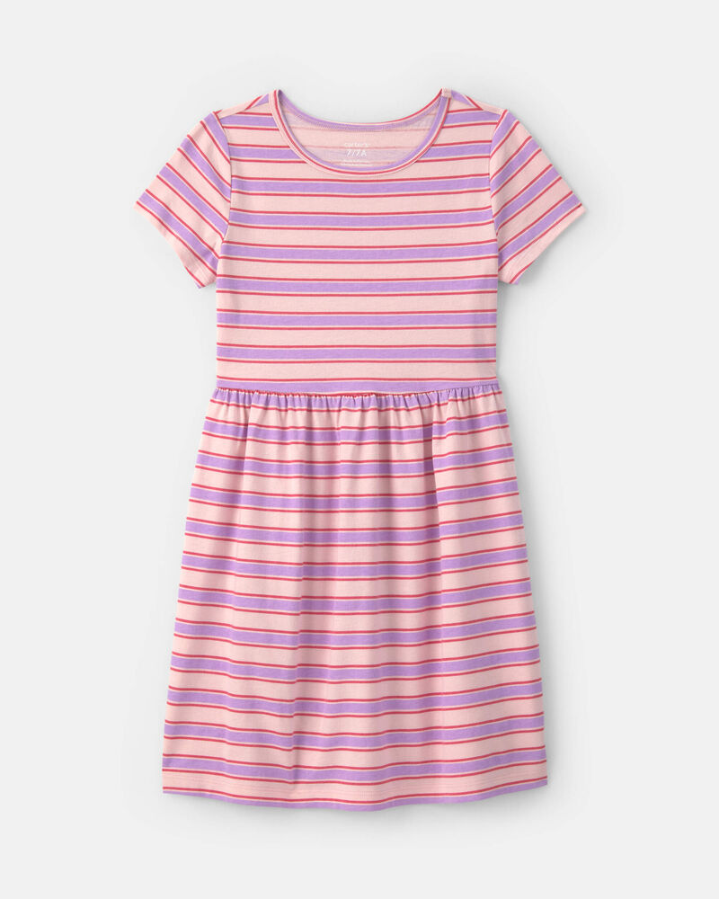 Filles - Robe manches courtes &agrave; rayures &ndash; Rose, image 1 sur 3 diapositives