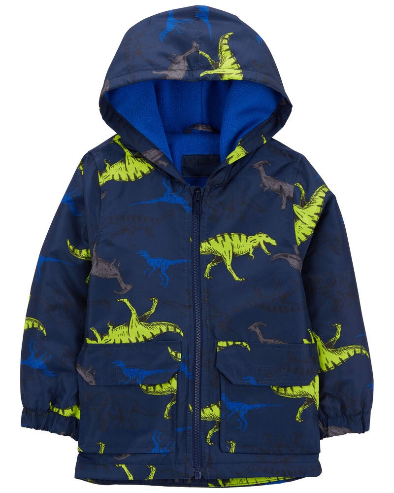 Baby Fleece-Lined Dino Print Rain Jacket, image 1 of 3 slides