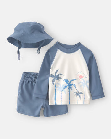 Baby Boy 3-Piece Palm Tree Solid Long-Sleeve Rashguard Swimsuit Set - White, 