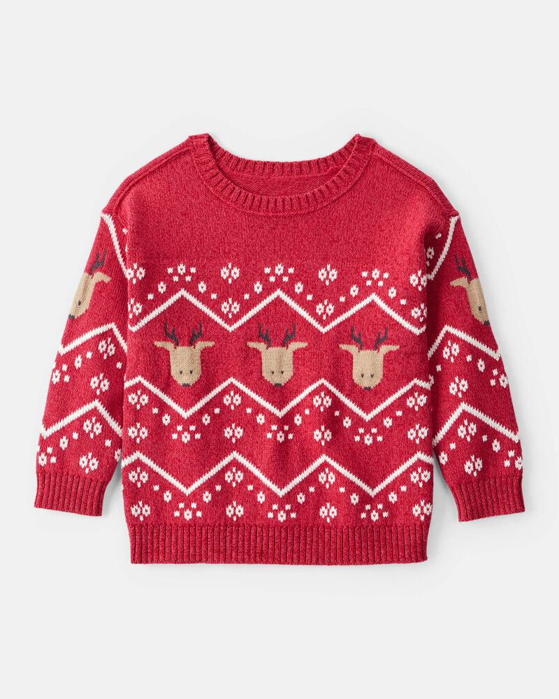 Toddler Boy Christmas Reindeer Fair Isle Cotton Long-Sleeve Sweater - Red, image 1 of 3 slides