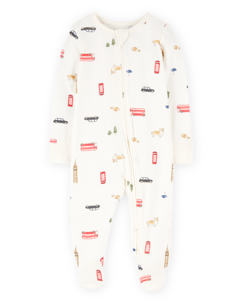 Baby London Print 2-Way Zip PurelySoft Sleeper Pyjamas - Ivory, image 1 of 6 slides