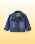B&eacute;b&eacute; - Blouson en denim effet tricot brod&eacute; Winnie l&rsquo;Ourson de Disney&reg; avec motif au dos - D&eacute;lav&eacute; fonc&eacute;, image 1 sur 8 diapositives