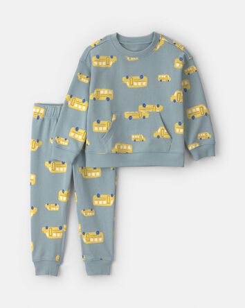 Tout-petit gar&ccedil;on - Ensemble 2 pi&egrave;ces haut et pantalon en jersey bouclette &agrave; motif autobus scolaire - Gris/Jaune, 