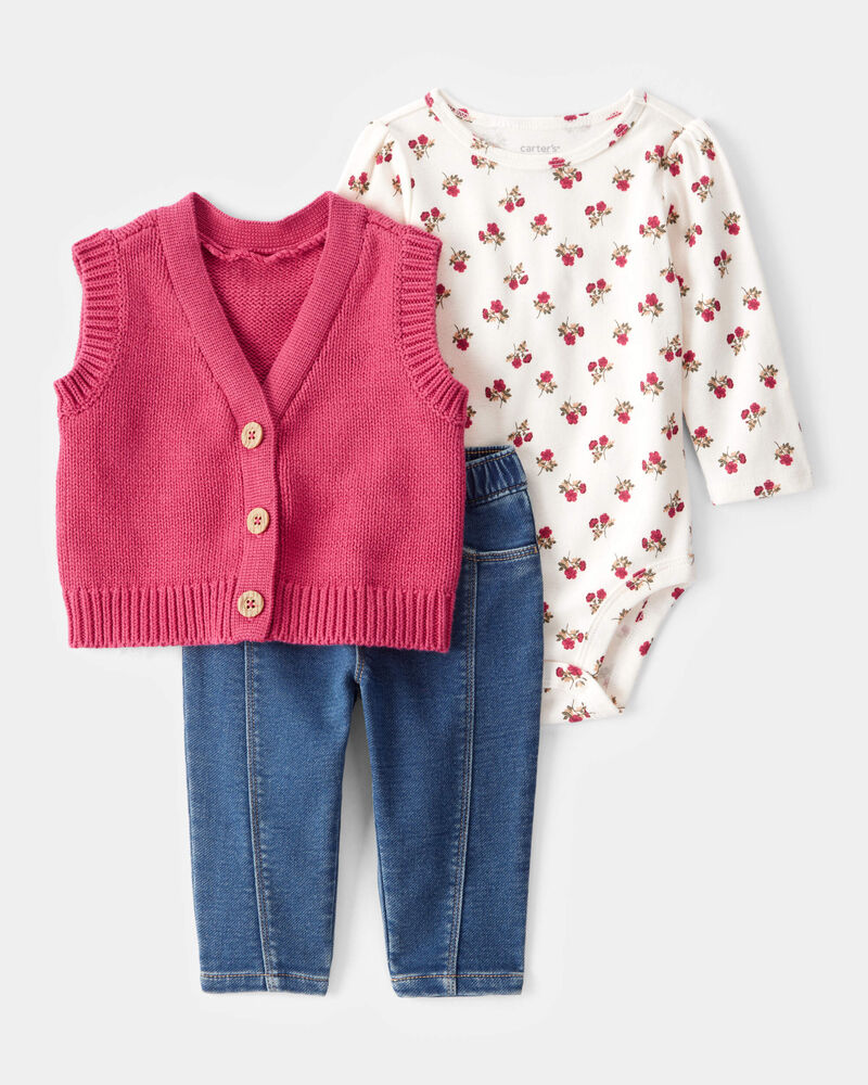 Baby 3-Piece Floral Little Vest Set, image 1 of 7 slides